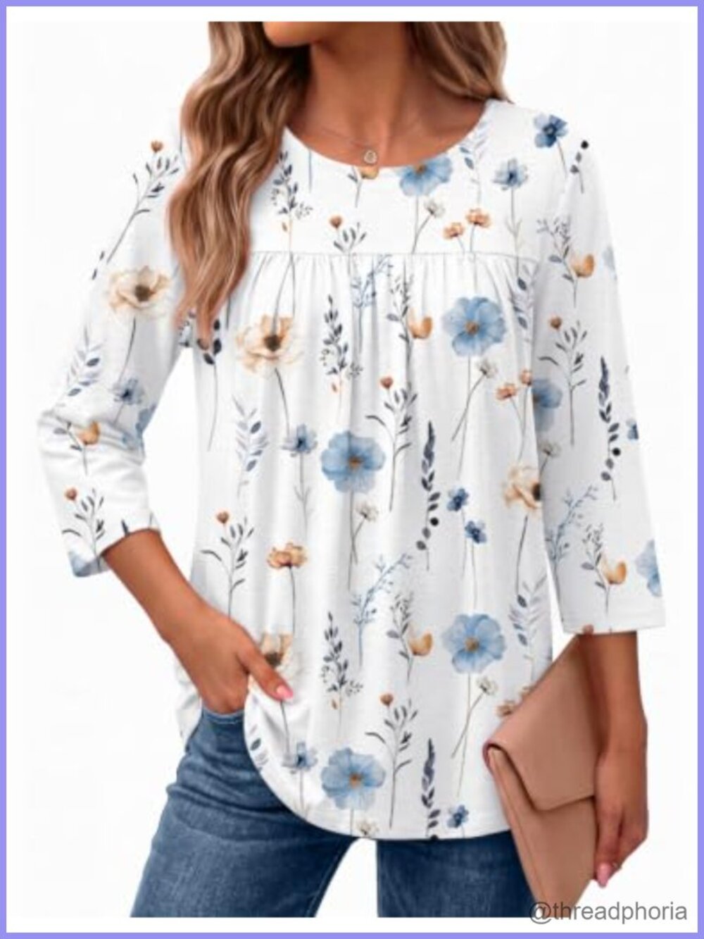 Ekouaer Womens 3/4 Sleeve Pleated Boho Blouse Casual Tunic Top